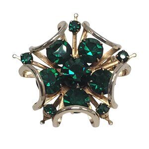 Vintage Emerald Green Rhinestone Gold-Tone Brooch Pin Starburst MCM 1.25"